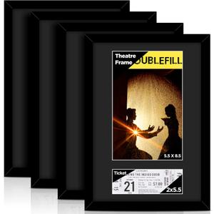 4 Pcs Theatre Bill Frame Display Frame with Mat Holds 5.5 x 8.5 Inch Media Plus Ticket with Easel Stand and Hanger for Gallery Poster Wall or Tabletop Display (Black)