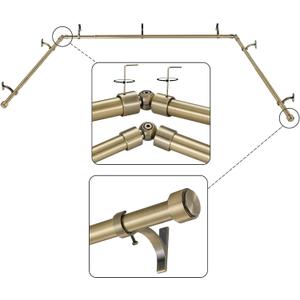 Antique Bronze Bay Window Curtain Rods with Aluminum End Cap Finials and Brackets,Adjustable 36-72 Inch Center Rod for windows (24-68), 20-36 Inch Side Rods for windows (16-32)
