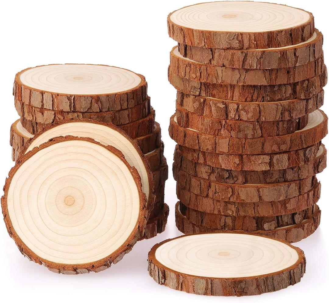 Fuyit Unfinished Wood Slices with No Hole, 25 Pcs 3.1-3.5 Inches Natural Wooden Circles with Bark for DIY Crafts, Christmas Ornament, Decoration