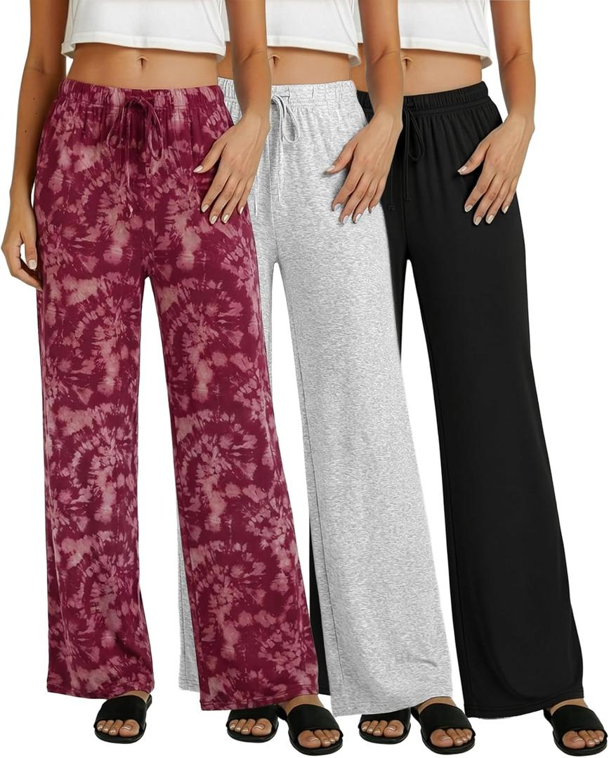 3 Pack Women's Palazzo Pants Wide Leg Adaptive Pajama Bottoms Lounge Casual | Available In Plus Size, Stretchy, Comfy, Drawstring, Elastic Waist, Soft, PJ, Sleep, Yoga, Travel, Beach, Work, Everyday (L)