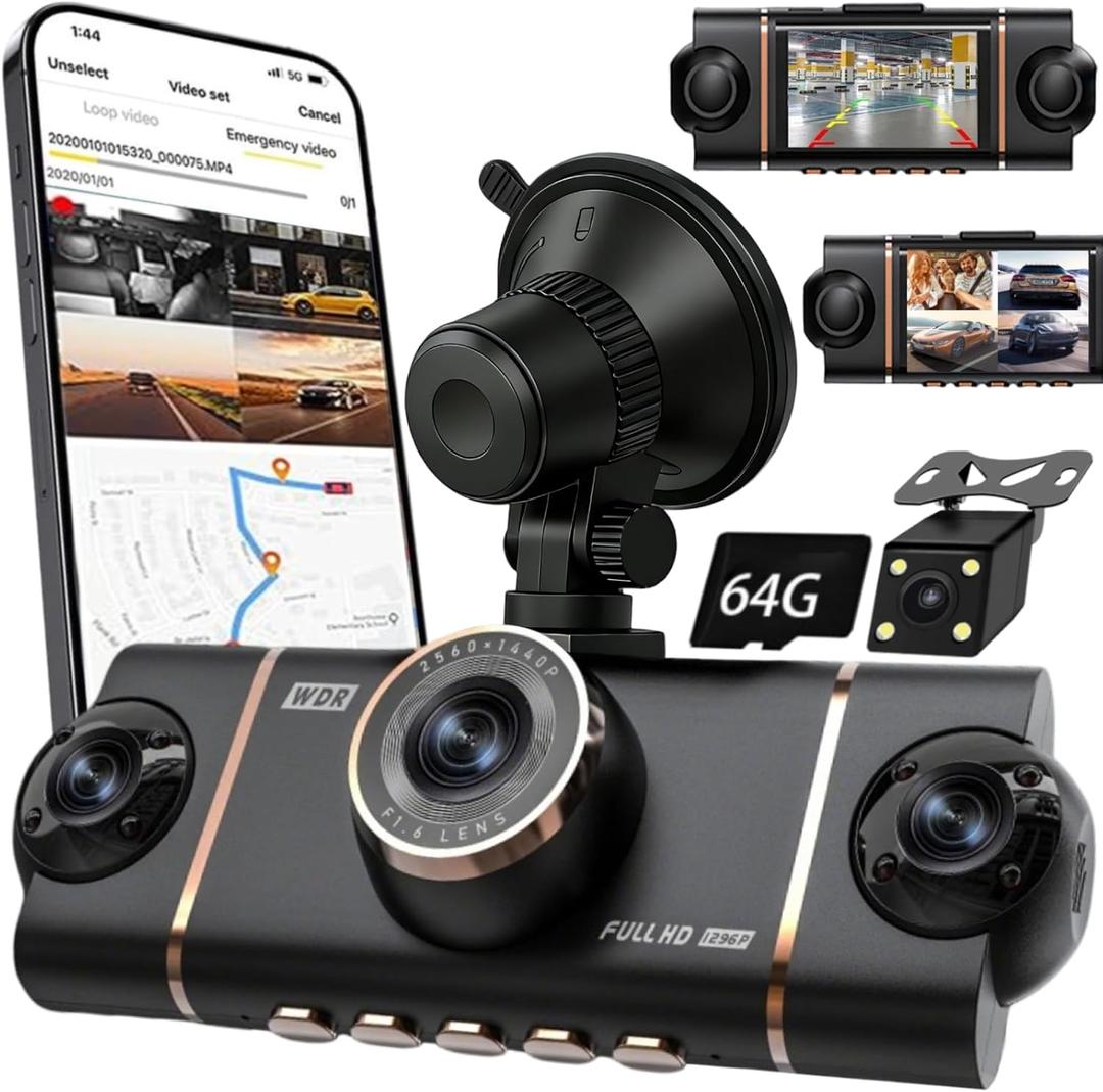 4 Channel Dash Cam Front and Rear Camera System with Wires, 64G Front View Dash Cam w/Cable, Dash Cam 1080p Full View Car Dashcam System,Built-in G Sensor App Control Adjustable Lenses Night Vision