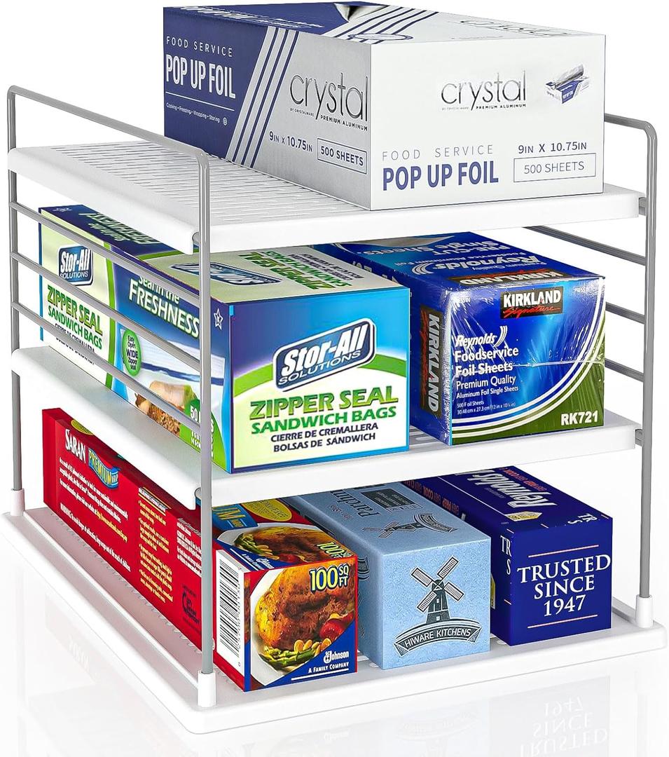 Pantry Organizers and Storage, Foil and Plastic Wrap Organizer- Divided Compartment Holder for Aluminum Foil&Wraps&Baggie Boxes, Upgraded Shelf Organizer for Pantry Organizer, Pantry Storage (White&Gray-Small)