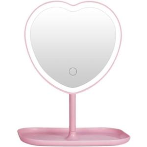 Vanity Mirror, Heart-Shaped Makeup Mirror with Three-Level Dimming and LED Lights for Girls and Students (Pink)