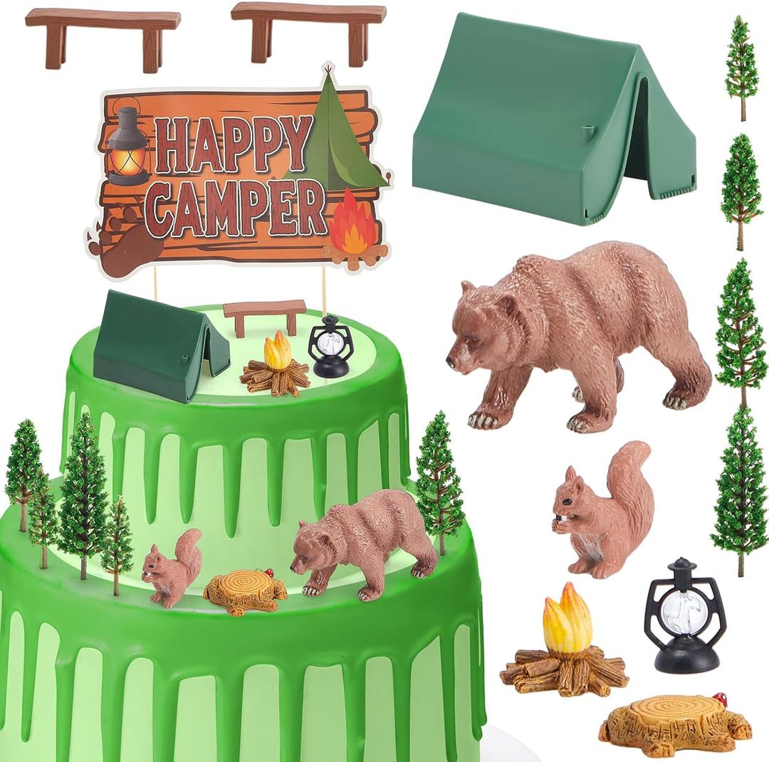 13 Pcs One Happy Camper Cake Topper Happy Camper Cake Decorations Forest Birthday Party Decorations Fireside Woodland Camping Topper for Camping 1st Birthday Party Photo Prop