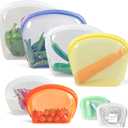 KVK Platinum Silicone Reusable food storage Bags Multipack - 8 Pcs clear freezer storage containers, Double Lock Seal Leakproof reusable snack bags- Oven Dishwasher Freezer Safe - Mix Color