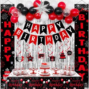 Red and Black Birthday Decorations for Men Women Boys Girls, Happy Birthday Decorations Black and Red White, Happy Birthday Banner Balloons Tablecover Fringe Curtain Door Banner, Birthday Party Decor