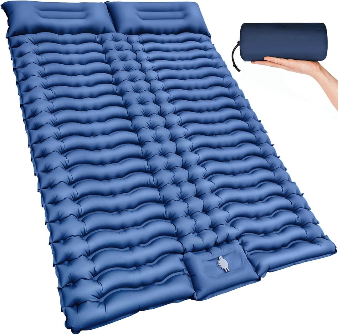 Double Sleeping Pad for Camping- Self Inflating 4" Extra-Thick with Pillow Built-in Foot Pump Inflatable Sleeping Mat for Backpacking, Hiking, Traveling, Tent, Portable Camping Mat (Blue)