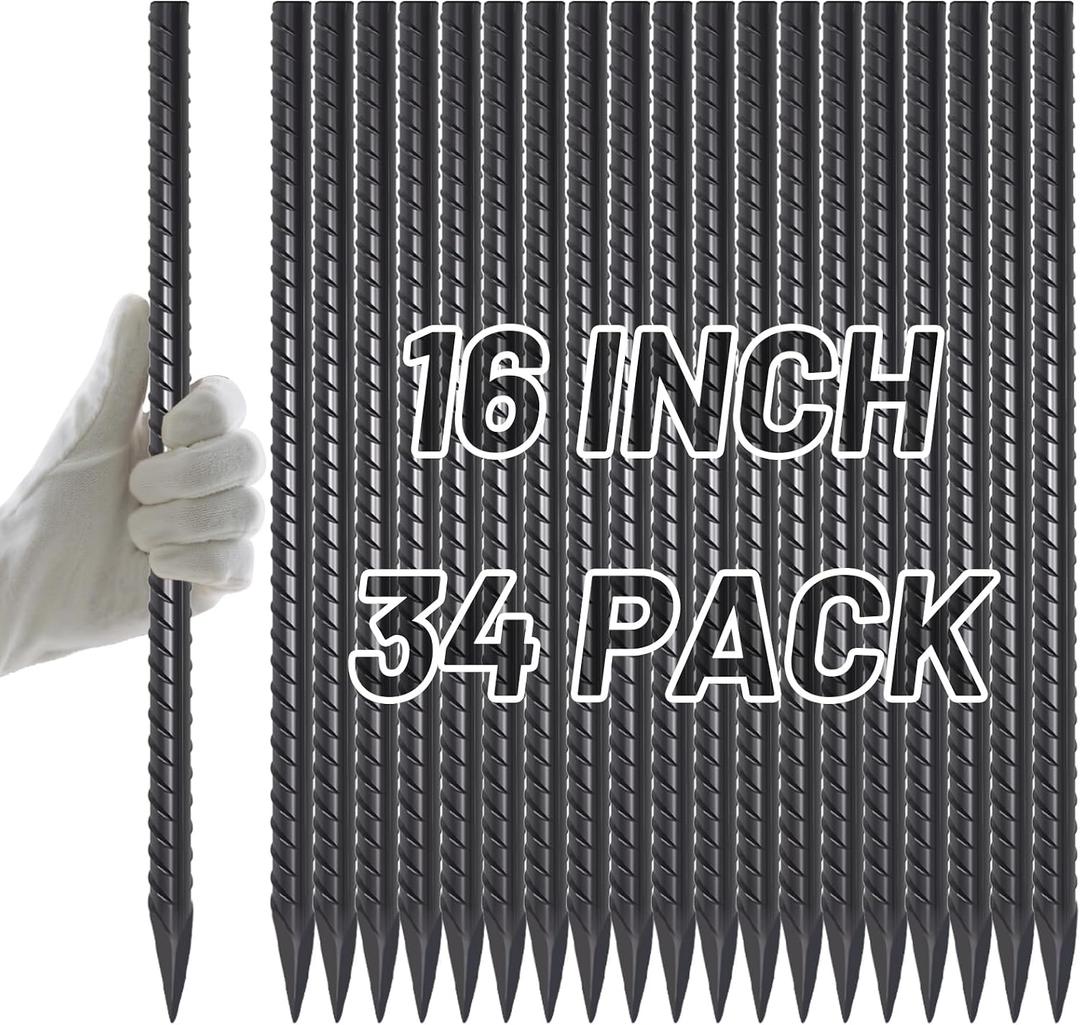 AAGUT Rebar Stakes 16 inch (34pcs) Heavy Duty 3/8 Ground Anchors Steel Garden Stakes Metal Straight Camping Tent Spikes with Chisel Point End for Hard Soil, Black Powder Coated