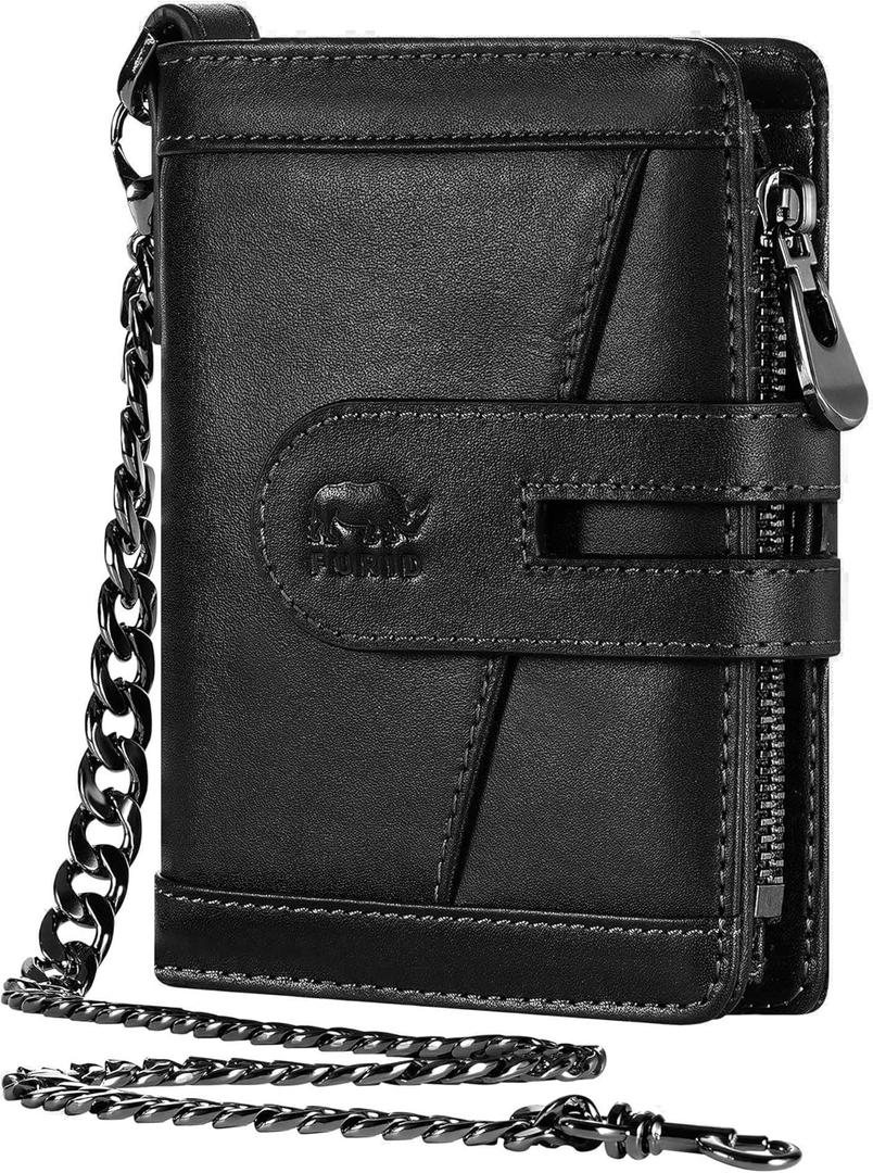 Genuine Leather Chain Wallets for Men: RFID Blocking Mens Wallet with Chain Purse Bifold Zipper Coin Pocket with Anti-Theft Chain, Gift for Father Husband At Birthday (Black)