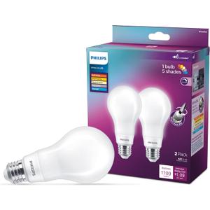 Philips LED 100W A21 2-Pack WhiteDial Multi-CCT (5000K) 1600 Lumen (11.5W = 100W) Dimmable Frosted Flicker-Free Light Bulbs