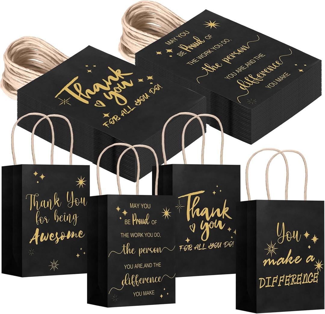 Gueevin 40 Pcs Teacher Appreciation Gift Bags Bulk Employee Gifts Bulk Thank You Paper Snack Bags for Team End of Year Mother's Day Nurse Week Staff(Appreciation,Black)
