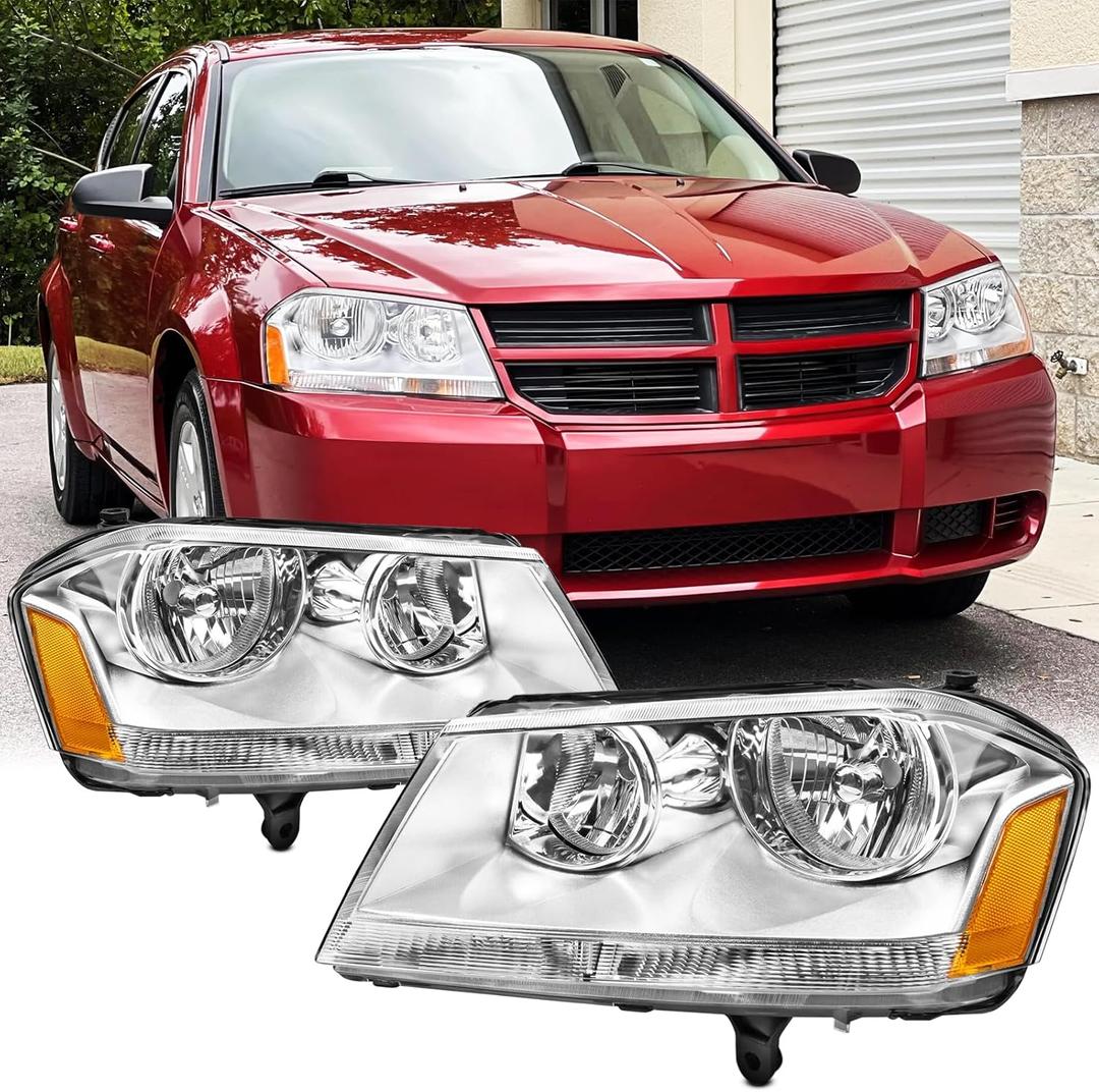 Headlight Assembly Compatible With 2008-2014 Dodge Avenger Chrome Housing Amber Corner