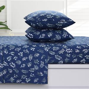 Tribeca Living Eva Floral Flannel King Sheet Set, Super Soft 100% Cotton, Extra Deep Pockets, Dark Blue