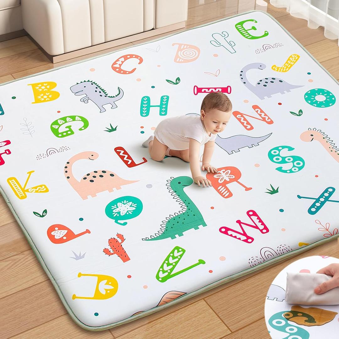 Baby Play Mat for Floor, 100% Waterproof and Wipe-Clean, 50'' x 50'' Thicken Foam Soft Padded Playpen Mat for Babies and Toddlers Infants Easy Care, Non-Slip Bottom (Dinosaur Alphabet)