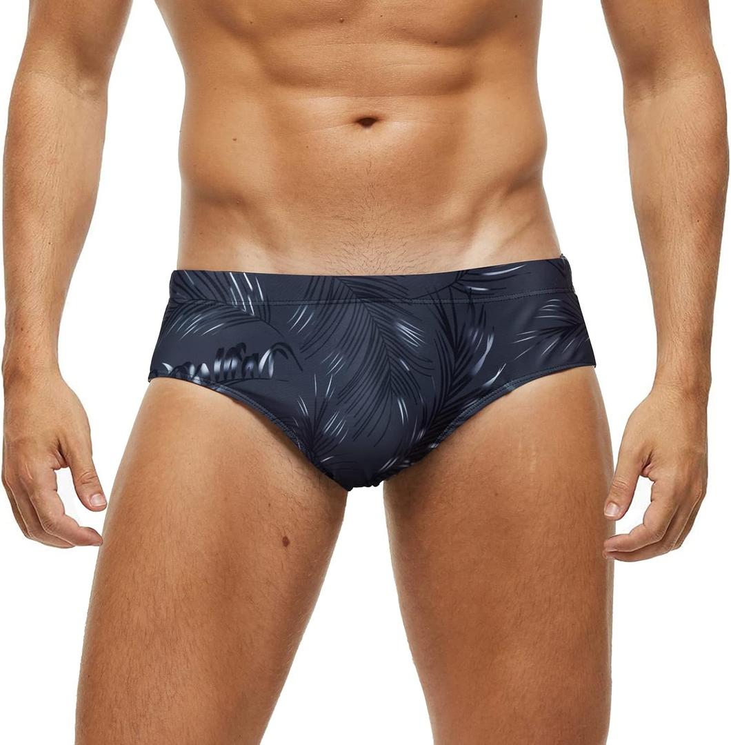 Arcweg Men's Swimming Trunks Briefs Low Waist with Removable Pad Swimwear Elastic Beach Shorts Boxers Underwear (Medium, Triangular Grey Leaves)