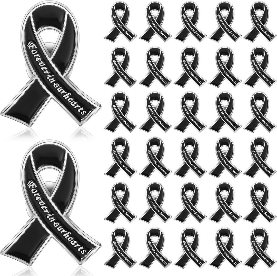 Tigeen 50 Pcs Metal Funeral Ribbon Pins Memorial Lapel Pins Forever in Our Hearts Funeral Favors for Memorial Service Event Mourning Remembrance Day(Black)