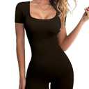 YIOIOIO Women's Short Sleeve Yoga Romper Seamless Ribbed Workout One Piece Square Neck Jumpsuit, M