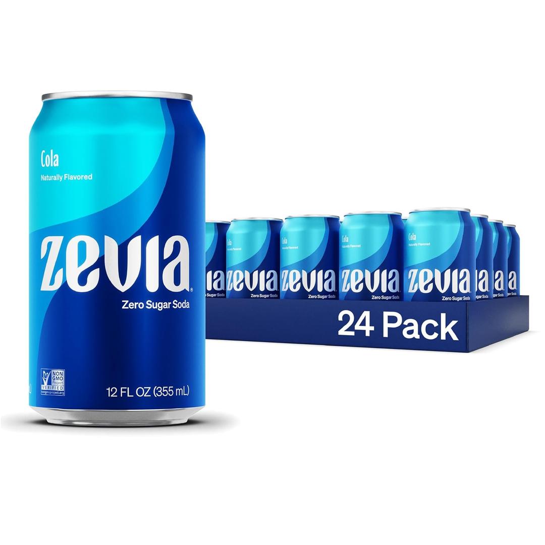 Zevia Zero Sugar Soda, Cola, 12 oz Cans (24-Pack)  Naturally Sweetened, Zero Calorie Sugar Free Soda - Non-GMO Project Verified, Gluten-Free, Vegan
