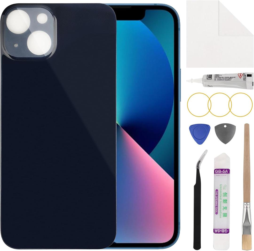 Duotipa [Big Camera Hole] New Rear Back Cover Replacement for iPhone 13 with Technical Repair Tools Kit-Black.