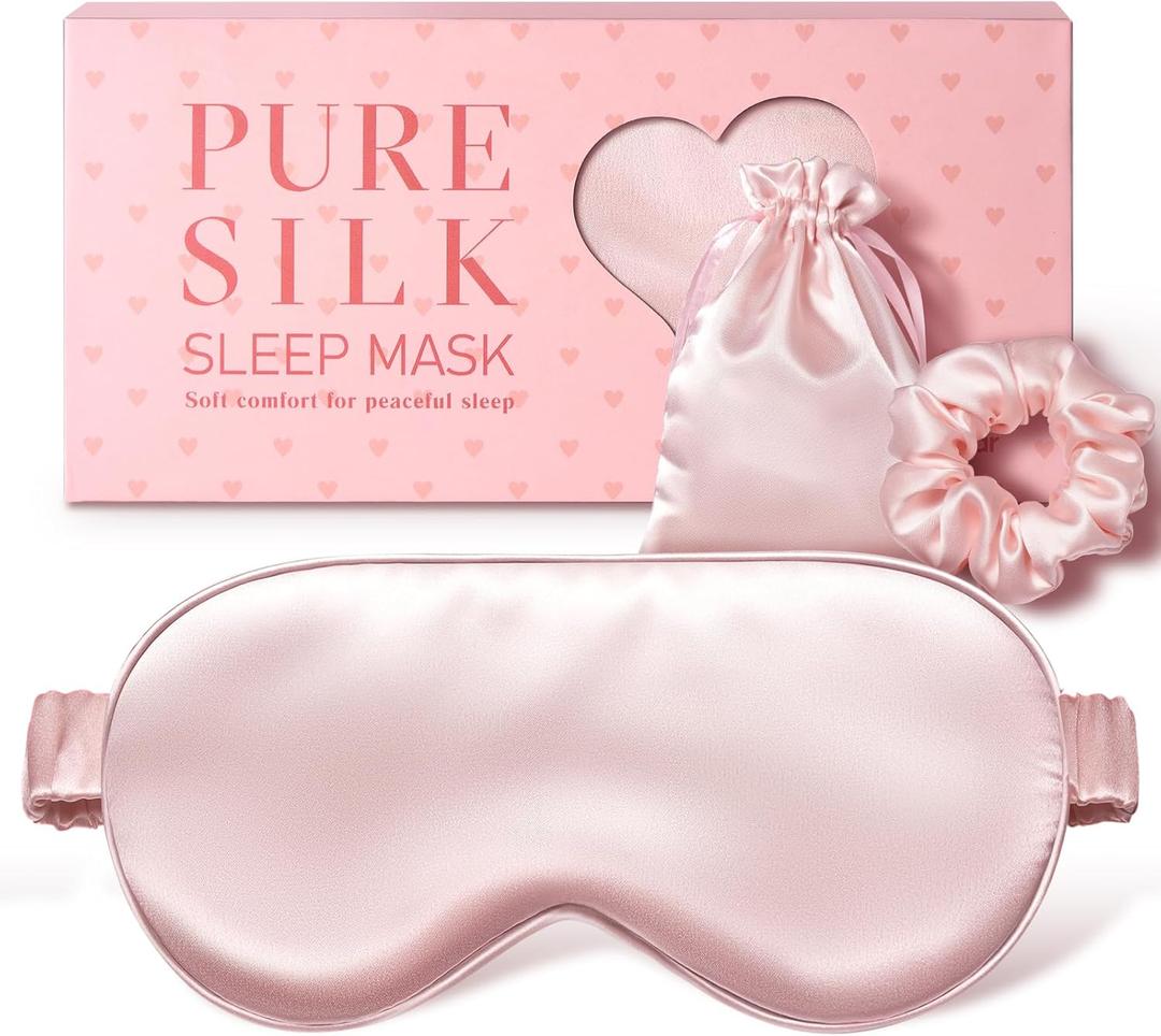 LitBear 100% Pure Silk Sleep Mask, 22 Momme 6A Mulberry Silk Fabric and Filling, Total Light Blocking Eye Mask Sleeping for Women, Men, Side Sleepers, Includes Travel Pouch and Scrunchie (Pink)