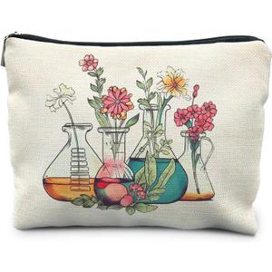 Science Teacher Gifts Makeup Bag - Floral Beakers Cosmetic Pouch (Chemistry - Flower)