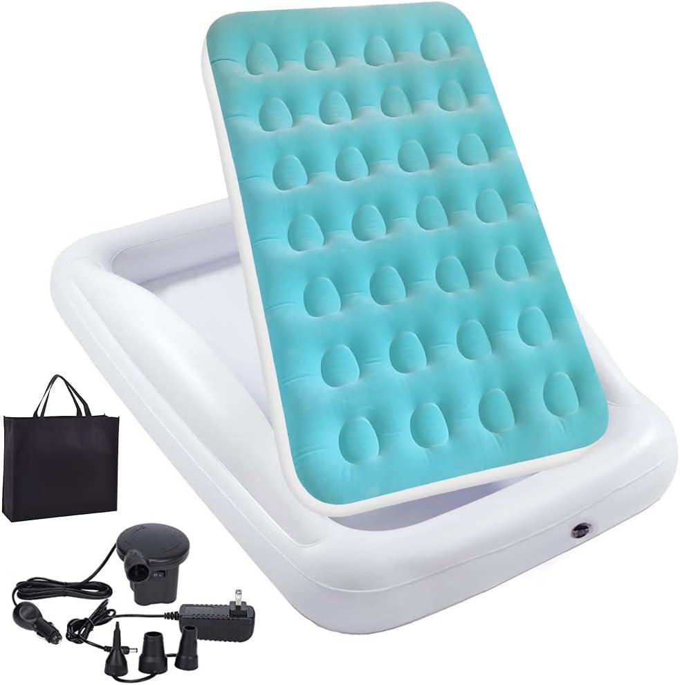 Inflatable Kids Travel Bed Toddler Air Mattress Set,Portable Blow Up Mattress Sleeping Bed Cot with Bed Rails and Electric Pump Ideal for Road Trip (Green)