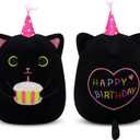 Cat Plush, 14inch Black Cat Plush Birthday Stuffed Animal with Cake, Kawaii Kitten Cuddle Pillow Birthday Gift for Kids Boys Girls Girlfriend