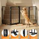 Full Metal Free Standing Dog Gate with Door for Indoor & Outdoor,80'' Extra Wide 32'' Tall Dog Gate for The Doorways,Large Openings,Decks,Porch,Pet Freestanding Safety Fence(4 Panels,Black)