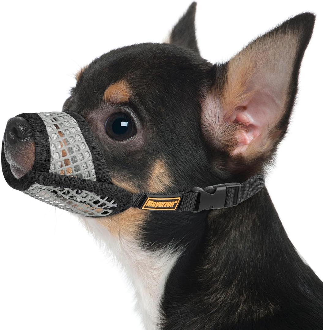 Mayerzon Dog Muzzle for Biting, Patented Soft Breathable Mesh Muzzle for Small Medium Dogs Chihuahua Dachshund Poodle, Adjustable Mouth Cover for Grooming, Chewing, Vet Visits (Black Trim, XS) (XS-(Snout Cir 5"-6"))