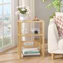 YUFAM Small Narrow Wood Side Table with Charging Station, 3-Tier Slim End Table for Small Space, Skinny Nightstand with Storage for Couch, Thin Bedside Table with USB Ports and Outlets, Natural, 1 Pack