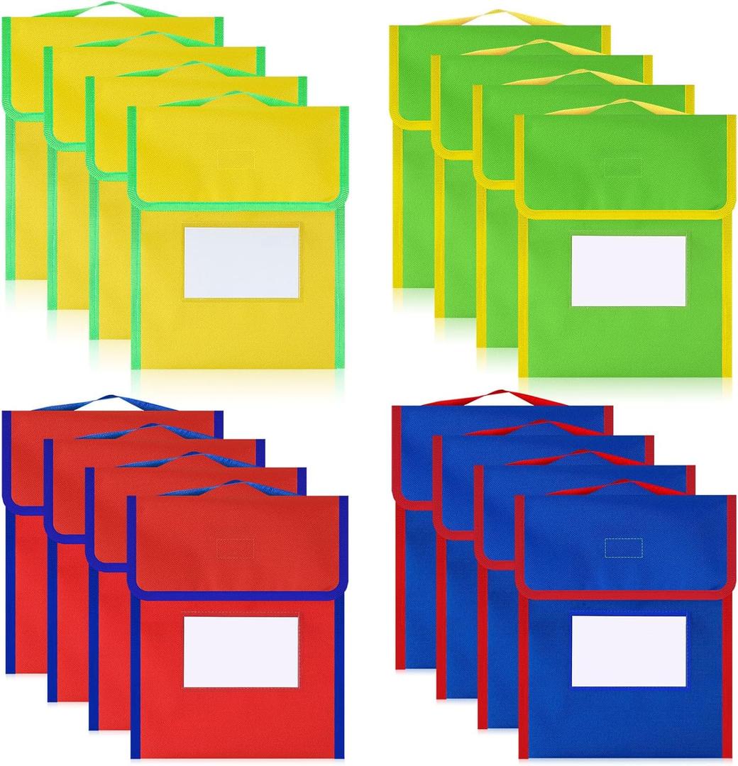 Book Bags for Classroom Medium Book Pouches Bulk Colorful Reading Bags with Name Tag Pockets Protector Pouch Student Chair Pockets, Waterproof 12 x 10 Inches(16 Pcs)