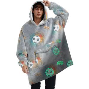 Glow in The Dark Football Wearable Blanket Hoodie for Adult, Oversized Sherpa Fleece Blanket Hoodie for Women Men, Football