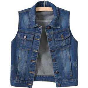 Women's Casual Denim Waistcoat Slim Fit Frayed Sleeveless Jacket Ripped Tops with Pockets (Medium)