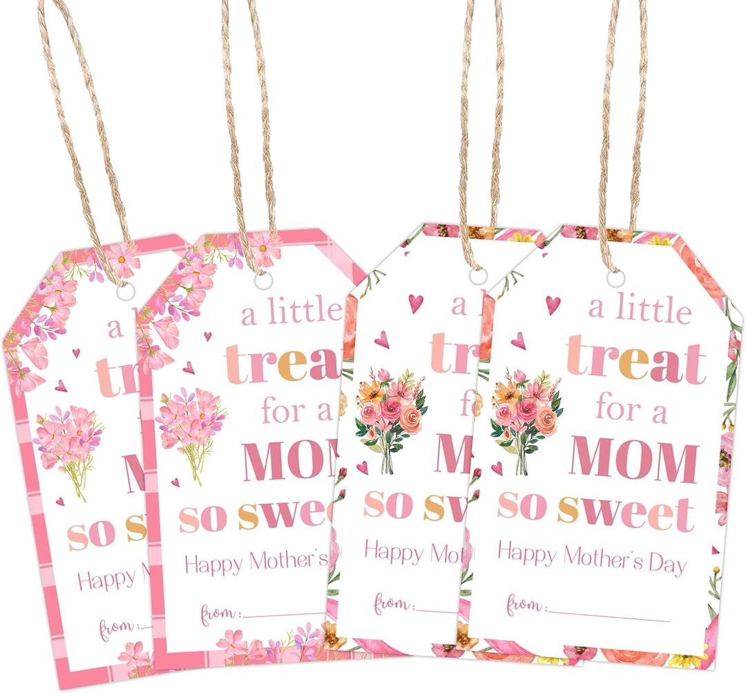 2 x 50 PCS Mother's Day Gift Tags - 2.1" x 3.5" Floral Hanging Paper Tags with String - A Little Treat for A Mom So Sweet - Happy Mother's Day Thank You Gifts Bags Wrap Party Favor - A01