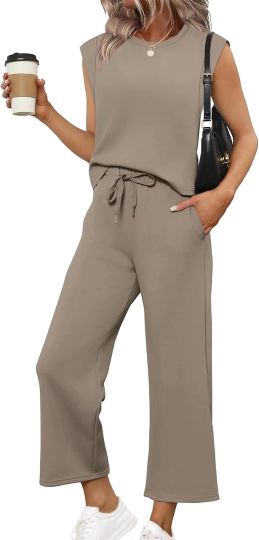 SAMPEEL Two Piece Sets for Women Casual Travel Vacation Outfits Summer Wide Leg Crop Pants Lounge Sets, Small