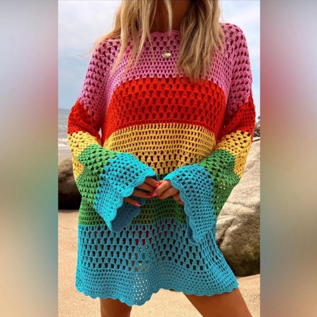 Mumu Show Me Your Mumu Paula Pullover Bright Stripe Crochet Cover Up Size X-Small