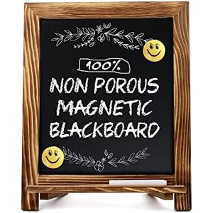 LotFancy 15"x12" Magnetic Chalk Board Sign, Small Wood Framed Tabletop Black Easel Chalkboard, Foldable Standing Ledge,1 White Chalk Pen 2 Magnets and Wall Hanging Kits Included,Rustic Brown