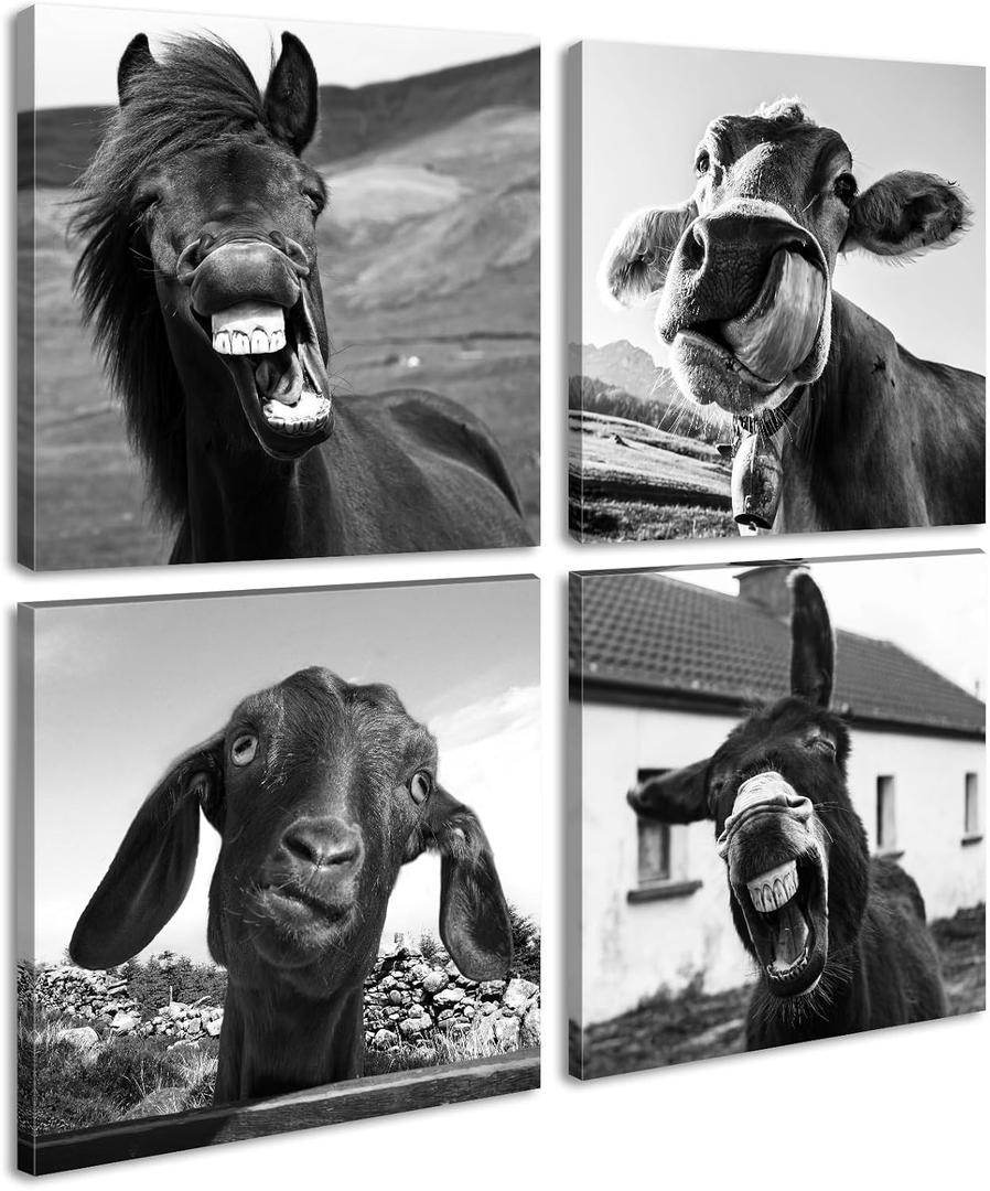Black and White Wall Art Animal Wall Decor Horse Donkey Sheep Cow Canvas Pictures Prints Funny Decor Posters for Mens Bedroom Office Farmhouse Decoration Stretched Framed Ready to Hang 1212 inch4