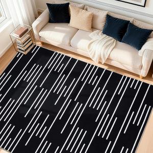 YIHOUSE Abstract Washable Rug 5x7,Ultra Thin Non Slip Black Rugs for Living Room,Modern Minimalist White Stripe Rugs for Bedroom,Dining Room Office Playroom (5'x7',Black-3)