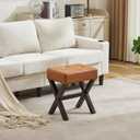 Square Makeup Stool with Wood X-Legs,Modern Vanity Ottoman Chair,Padded Faux Leather Seat for Dressing Room,Bathroom (Brown Faux Leather)