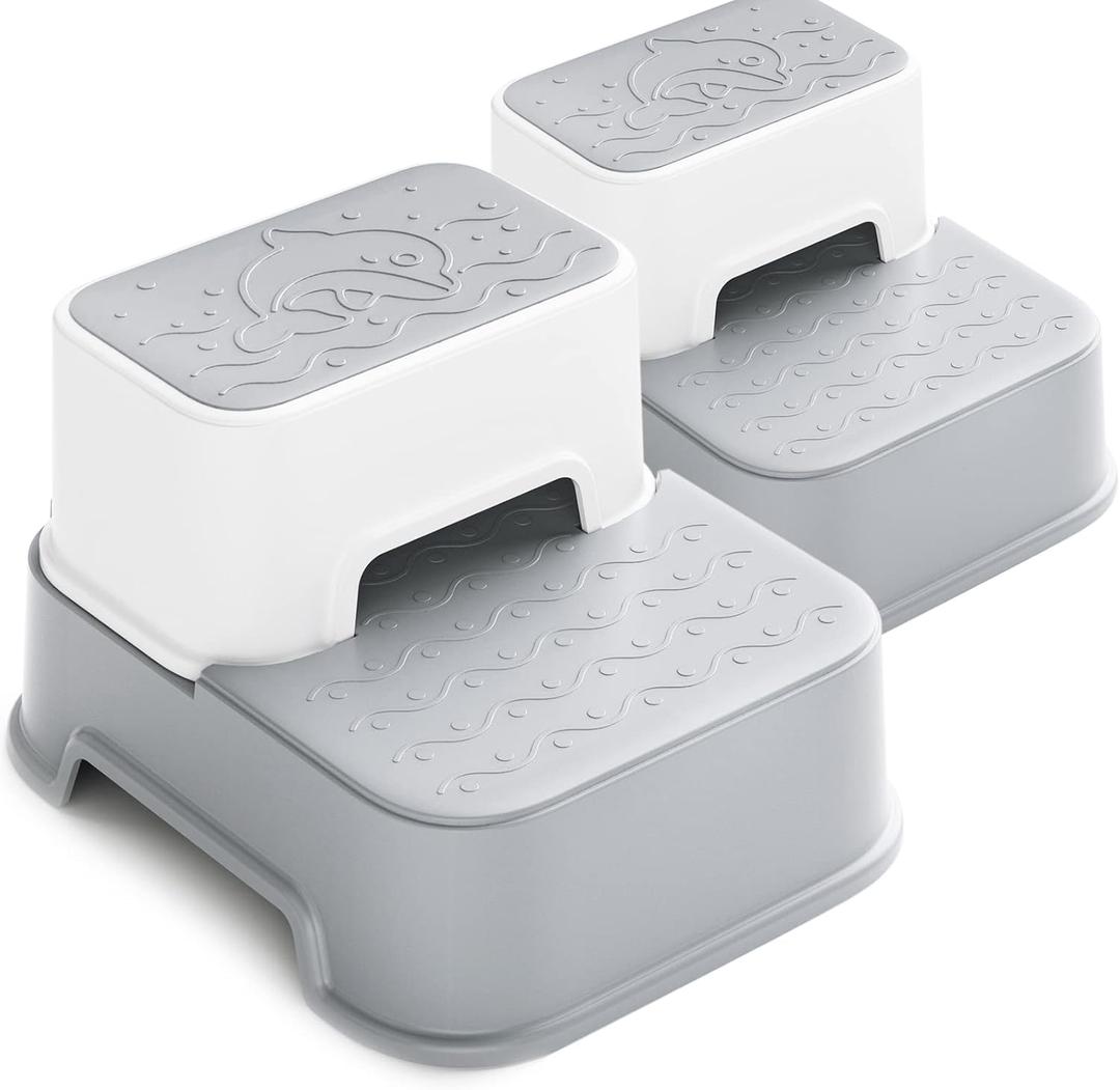 2 Step Stool for Kids (2 Packs),Toddler Stool for Bathroom Sink, Potty Training, Toilet Stool, Slip Resistant(Grey)