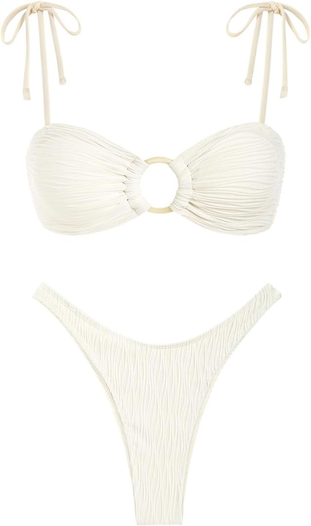ZAFUL Women's Bandeau Tie Spaghetti Strap Bikini Textured O Ring Ruched High Leg Swimsuit Cheeky Bathing Suits, White, Medium