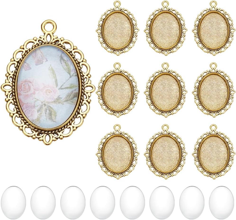 PH PandaHall 60pcs Gold Pendant Trays Kit, 30pcs Oval Blank Bezel Pendant Trays Base, 30pcs 25x18mm Glass Cabochon Dome Tiles for Bridal Wedding Bouquet Graduation Photo Charm Making DIY