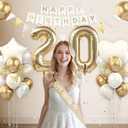 20th Birthday Decorations, White Gold Birthday Party Decorations for Women Men, Boho Beige Cream Balloons Party Supplies with Sash, Butterfly Cake Topper