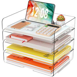 YKLSLH 4 Trays Paper Organizer Letter Tray - Acrylic Desk File Organizer, Stackable Clear Paper Holder Sorter Office Organizer for Letter/A4, Office File Ipad Books Notes Etc (4 Tier-horizontal)
