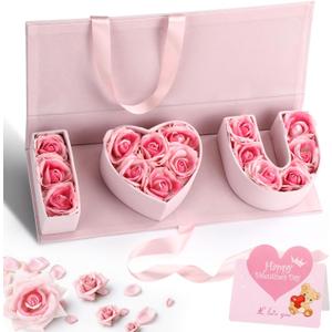 Velvet I Love You Box with 15 Artificial Pink Roses Flower and Greeting Card Pink I Heart You Empty Flower Gift Box Letter Shaped Gift Packaging for Mother's Day Wedding Birthday