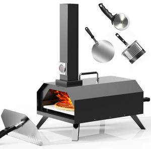 Pizza Oven Outdoor With a Thermometer, Portable Pellet Pizza Stove Wood Fired Stainless Steel Pizza Maker for Backyard or Outside Camping, Pizza Stone(11.25inch*11.25inch)