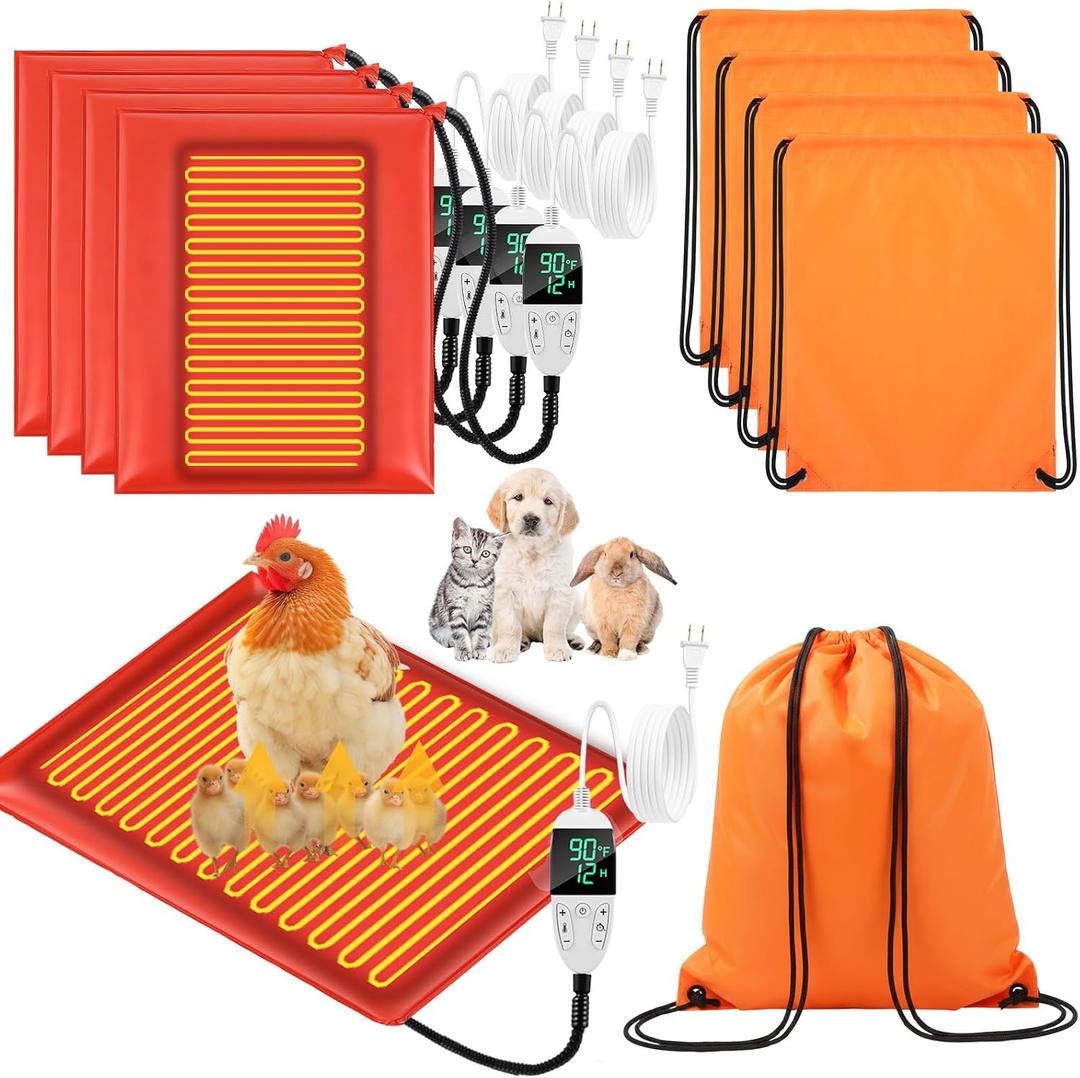 4 Pack Heated Chicken Pad for Brooders Small Animal Pet Heating Pad Warming Chick Nesting Mat with Temperature and Timer Waterproof Chicken Coop Heater Mat(23.6 x 15.7 Inches)