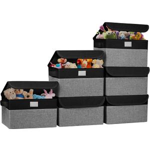 Bagnizer Small 8 Quart Linen Fabric Foldable Storage Bin Cube Organizer Basket with Lid & Handles, Collapsible Decorative Box Container for Home, Dorm, Closet, Black & Gray, 10"x8"x6", 6-Pack