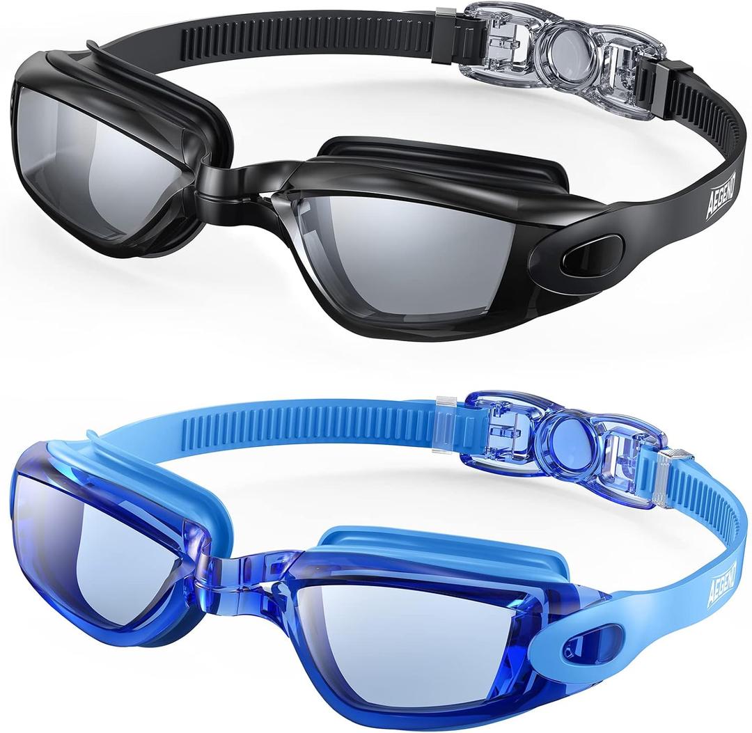 Aegend Swim Goggles 2-Pack, No Leaking Anti-Fog UV Protection Mirrored Swim Glasses for Adult Men Women, Wide View Outdoor